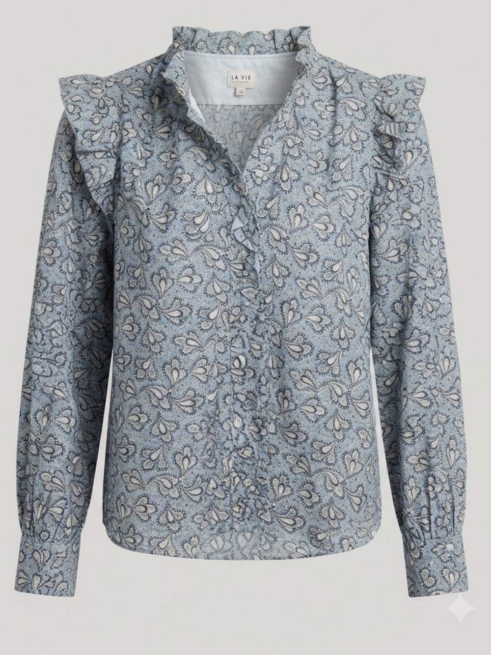 La Vie Rebecca Taylor Floral Ruffle Blouse Blue Paisley Cotton Long Sleeve Top L